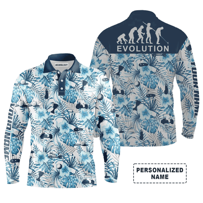 Custom Golf Long Sleeve Men Polo Shirt - Custom Name Blue Tropical Plant Pattern Apparel - Personalized Gift For Golf  Men, Lover
