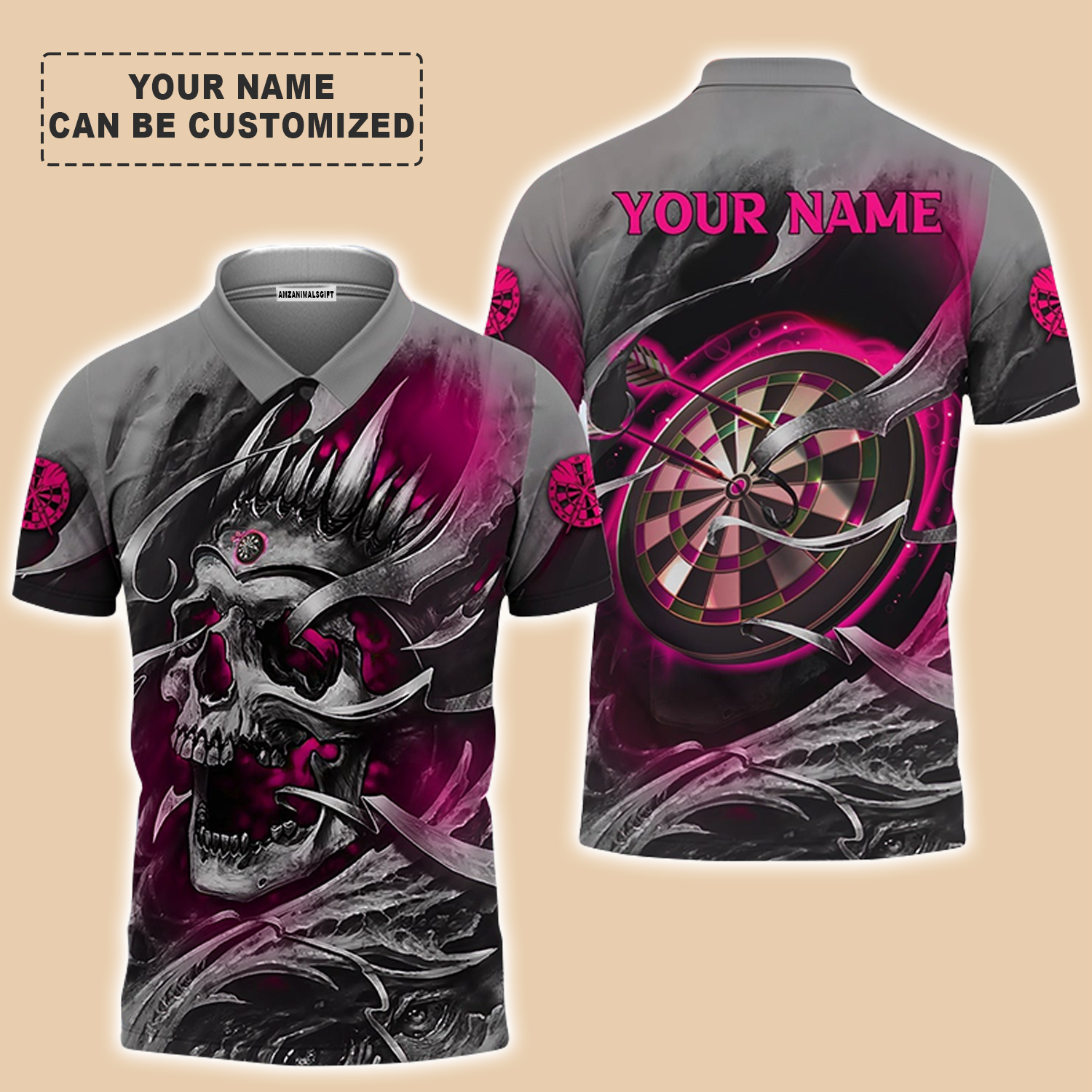 Customized Name Darts Men Polo Shirt, Pink Skull Dartboard Personalized Skull And Darts Polo Shirt - Gift For Darts Players Uniforms, Darts Lovers