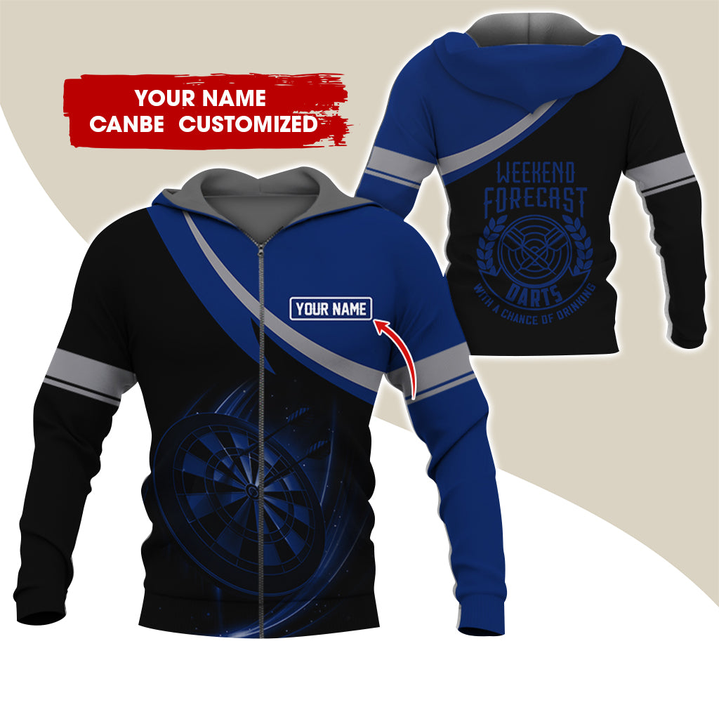 Personalized Name Darts Premium Zip Hoodie, Custom Name Weekend Forecast Darts Zip Hoodie For Men & Women - Gift For Darts Lovers, Darts Players