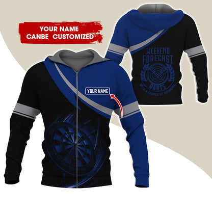 Personalized Name Darts Premium Zip Hoodie, Custom Name Weekend Forecast Darts Zip Hoodie For Men & Women - Gift For Darts Lovers, Darts Players