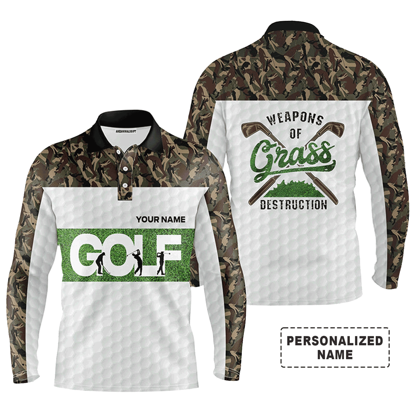 Custom Golf Long Sleeve Men Polo Shirt - Weapon Of Grass Destruction Camo Pattern White Background Men Polo Shirts For Golf Lover