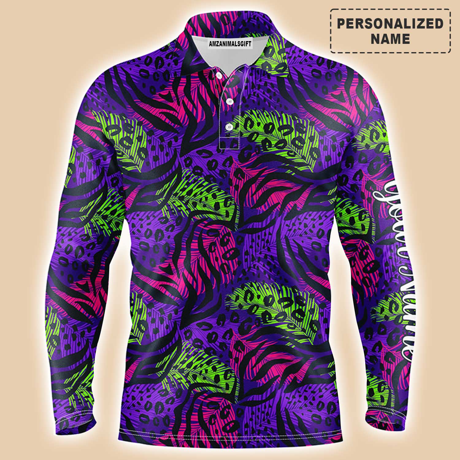 Custom Golf Long Sleeve Men Polo Shirt - Colorful Purple Tropical Background Custom Name Black - Personalized Gift For Golf Lover, Team, Golfers