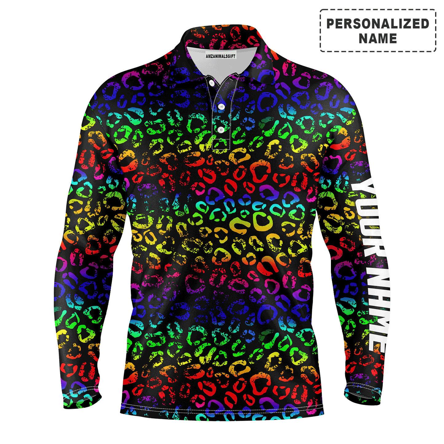 Custom Golf Long Sleeve Men Polo Shirt - Custom Name Colorful Neon Rainbow Leopard Pattern Apparel - Personalized Gift For Men, Golf Lover