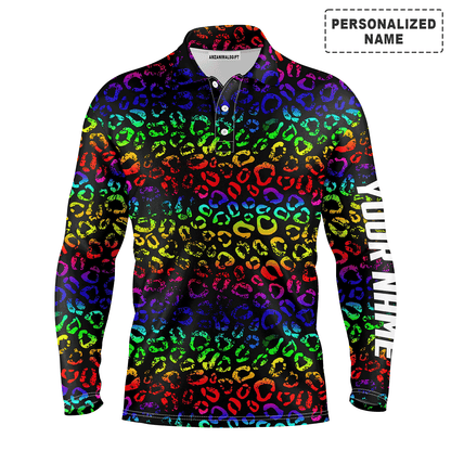 Custom Golf Long Sleeve Men Polo Shirt - Custom Name Colorful Neon Rainbow Leopard Pattern Apparel - Personalized Gift For Men, Golf Lover