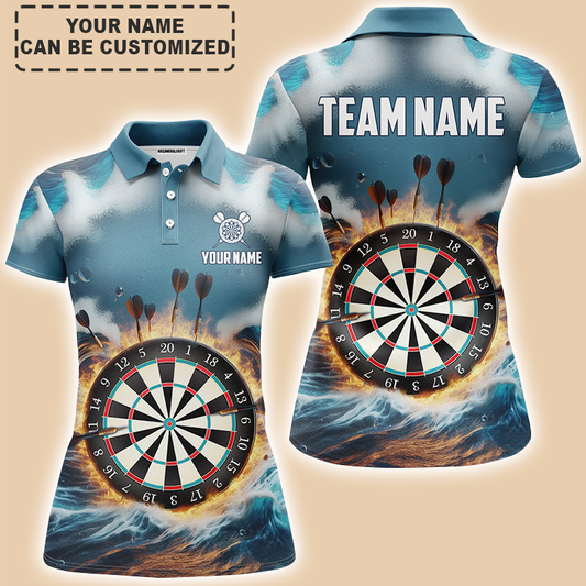 Personalized Darts Women Polo Shirt - Custom Name & Team Name Fire And Water Blue Womens Darts Polo Shirt For Women, Darts Team, Darts Lover