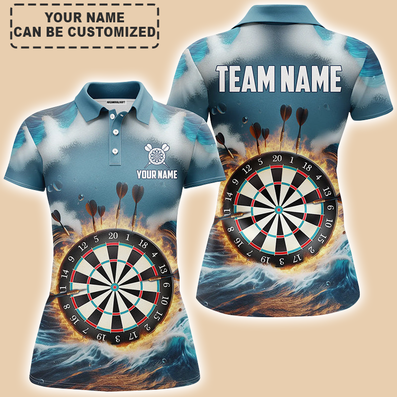 Personalized Darts Women Polo Shirt - Custom Name & Team Name Fire And Water Blue Womens Darts Polo Shirt For Women, Darts Team, Darts Lover