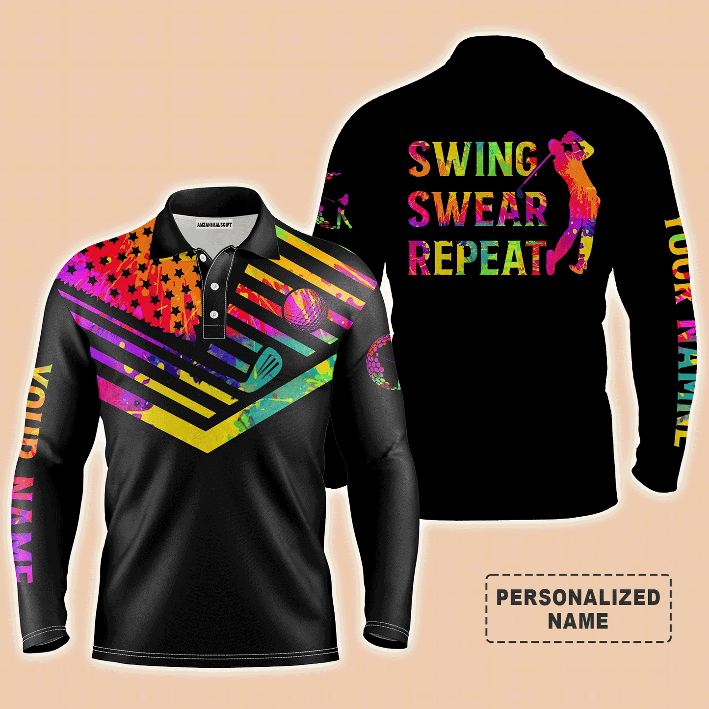 Custom Golf Long Sleeve Men Polo Shirt- Custom Name Watercolor American Flag Multicolor Apparel,Swing Swear Repeat Men Golf Polo Shirt  For Golf Lover