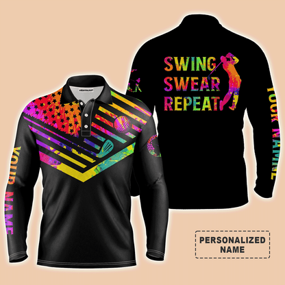 Custom Golf Long Sleeve Men Polo Shirt- Custom Name Watercolor American Flag Multicolor Apparel,Swing Swear Repeat Men Golf Polo Shirt  For Golf Lover