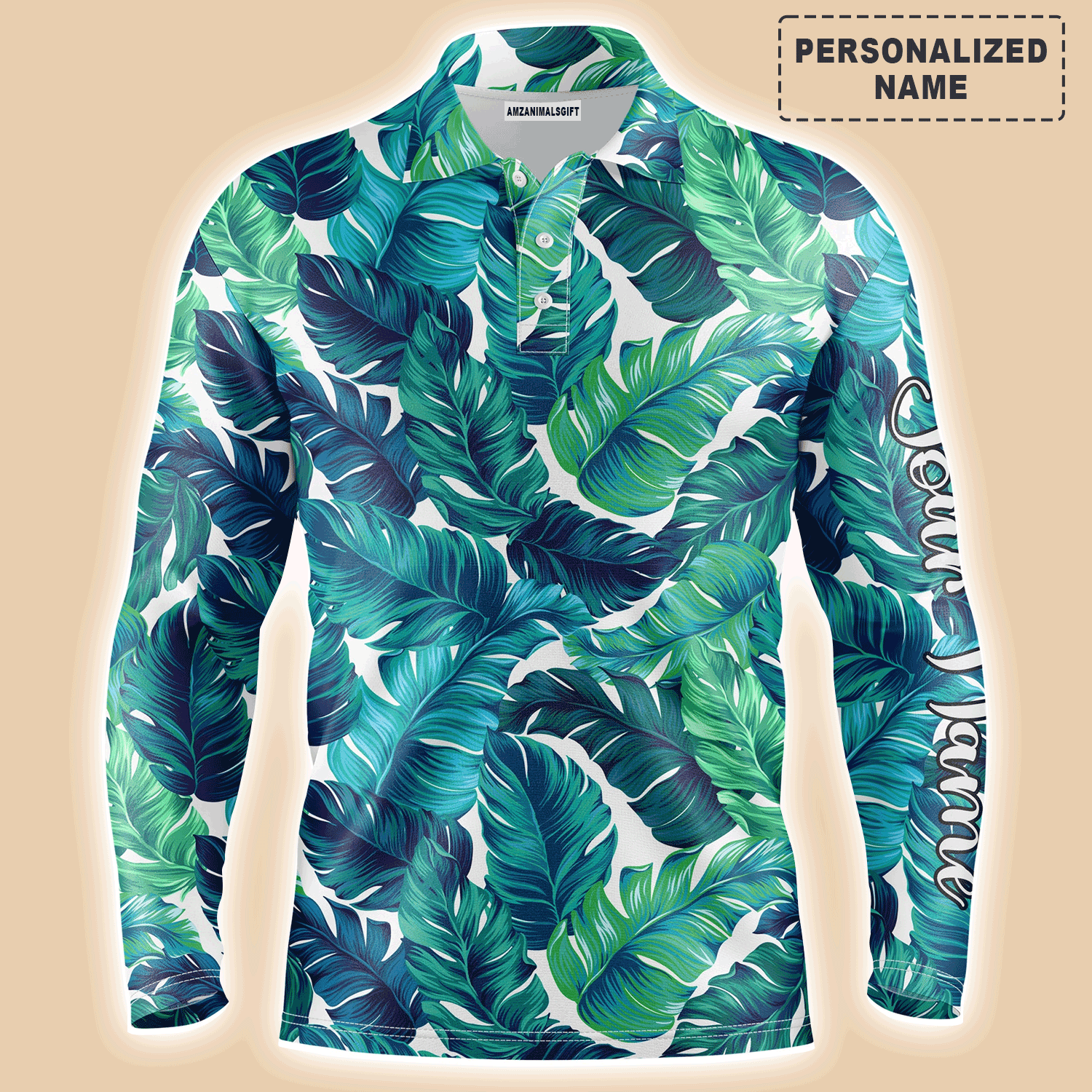 Custom Golf Long Sleeve Men Polo Shirt,Custom Name Turquoise And Green Tropical Leaves Apparel,Personalized Gift For Men, Golf Lover