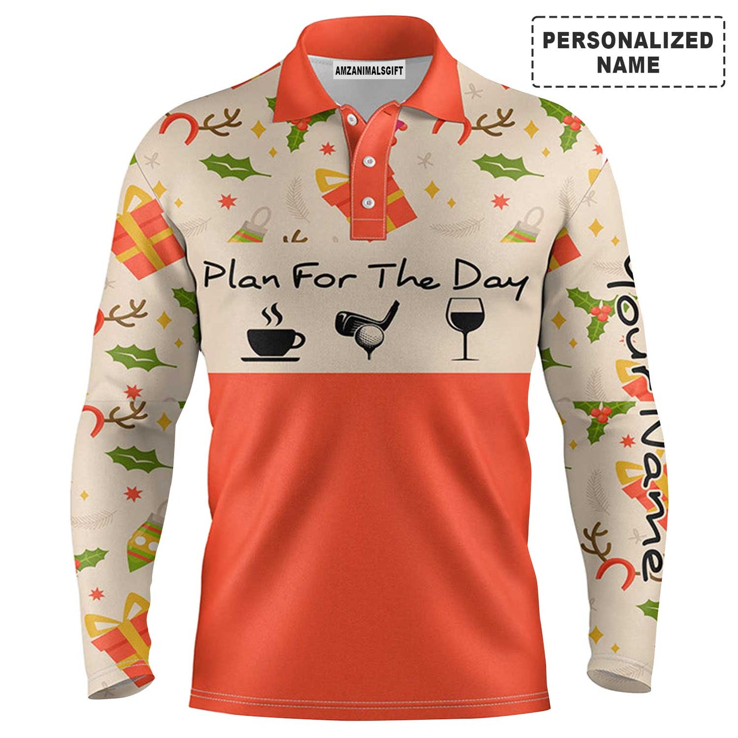 Custom Golf Long Sleeve Men Polo Shirt - Funny Christmas Pattern Custom Name Apparel, Plan For The Day Coffee Golf Men Polo Shirt - Perfect Polo Shirt For Men