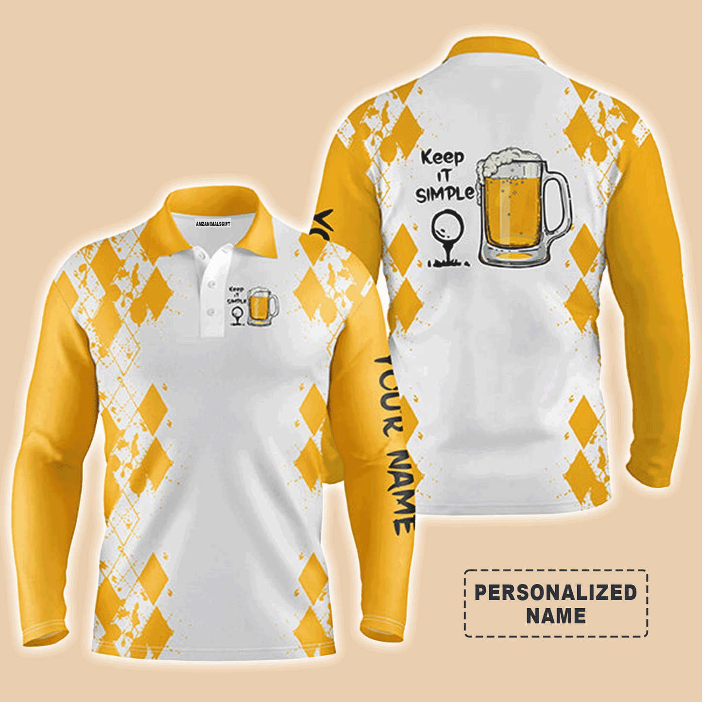 Custom Golf Long Sleeve Men Polo Shirt - Custom Name White Yellow Argyle Pattern Apparel -Keep It Simple Golf Polo Shirt For Men, Golf Lover