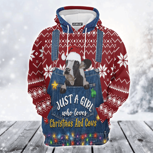 Cow Premium Christmas Hoodie, Just A Girl Who Loves Christmas And Cows Funny Unisex Hoodie For Men & Women - Perfect Gift For Christmas, Cow Lover, Family