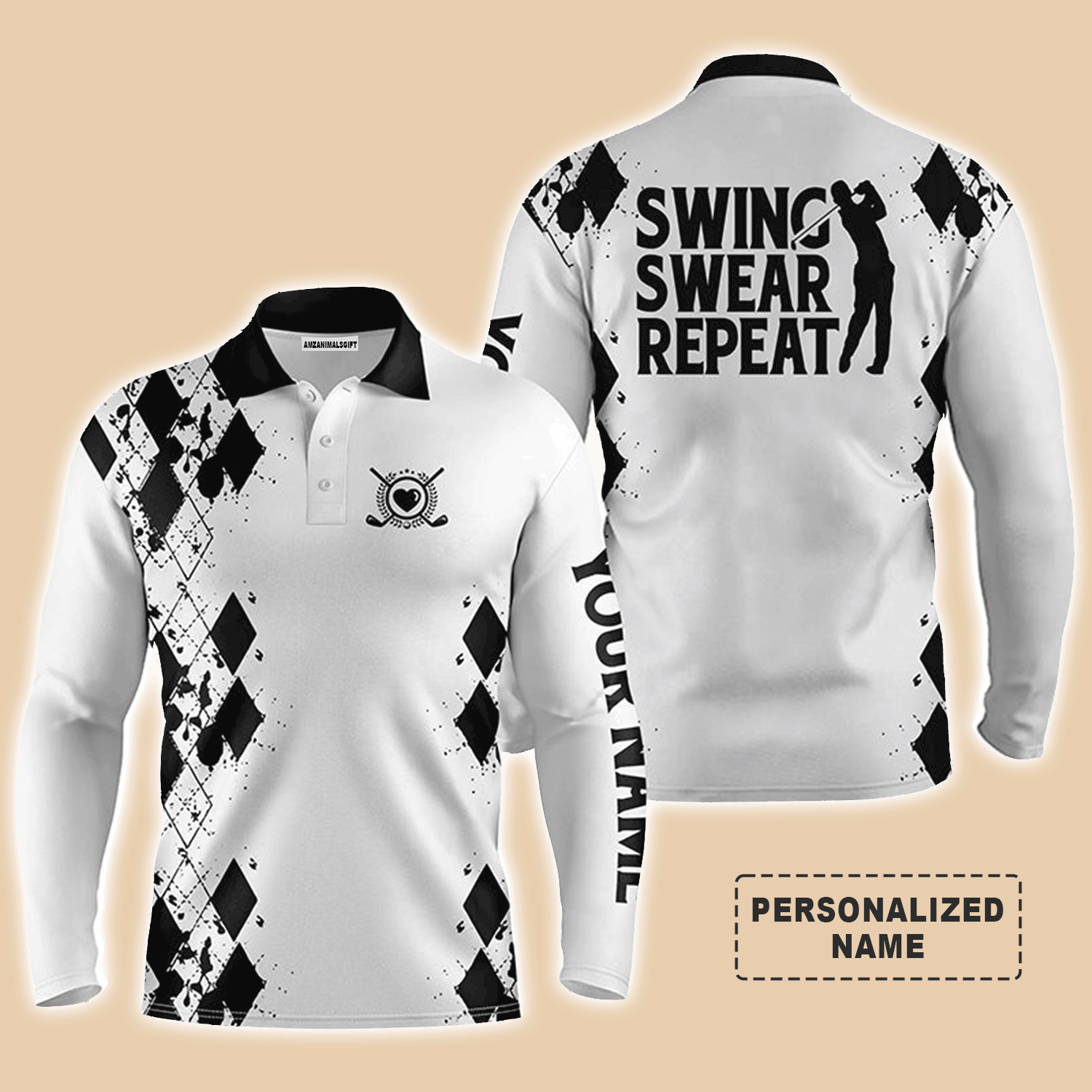 Custom Golf Long Sleeve Men Polo Shirt- Custom Name Argyle Black White Swing Swear Repeat Apparel-Perfect Gift For Men, Golf Lover