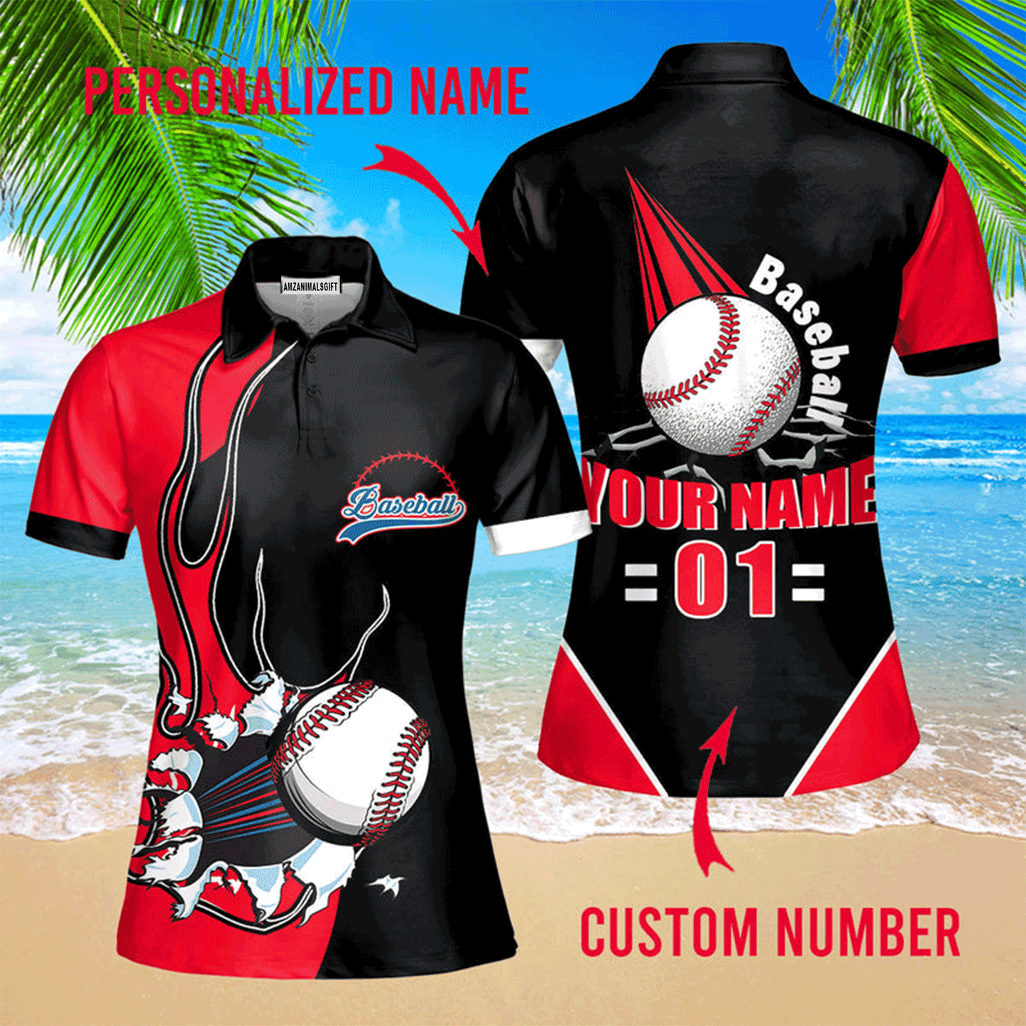 Customized Baseball Women Polo Shirt, Baseball Ball Black Red Custom Name Polo Shirt - Perfect Polo Shirt For Women, Baseball Lovers