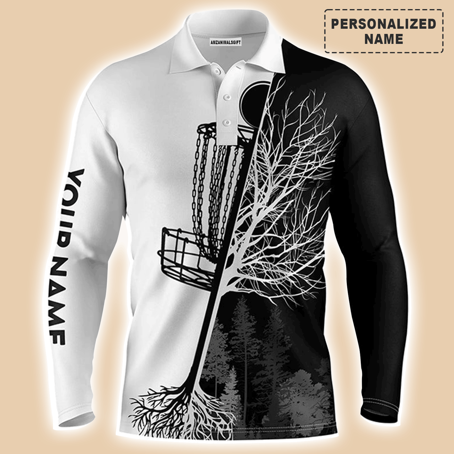 Custom Golf Long Sleeve Men Polo Shirt, Custom Name Black And White Disc Golf Basket Apparel - Perfect Gift For Men, Golf Lovers