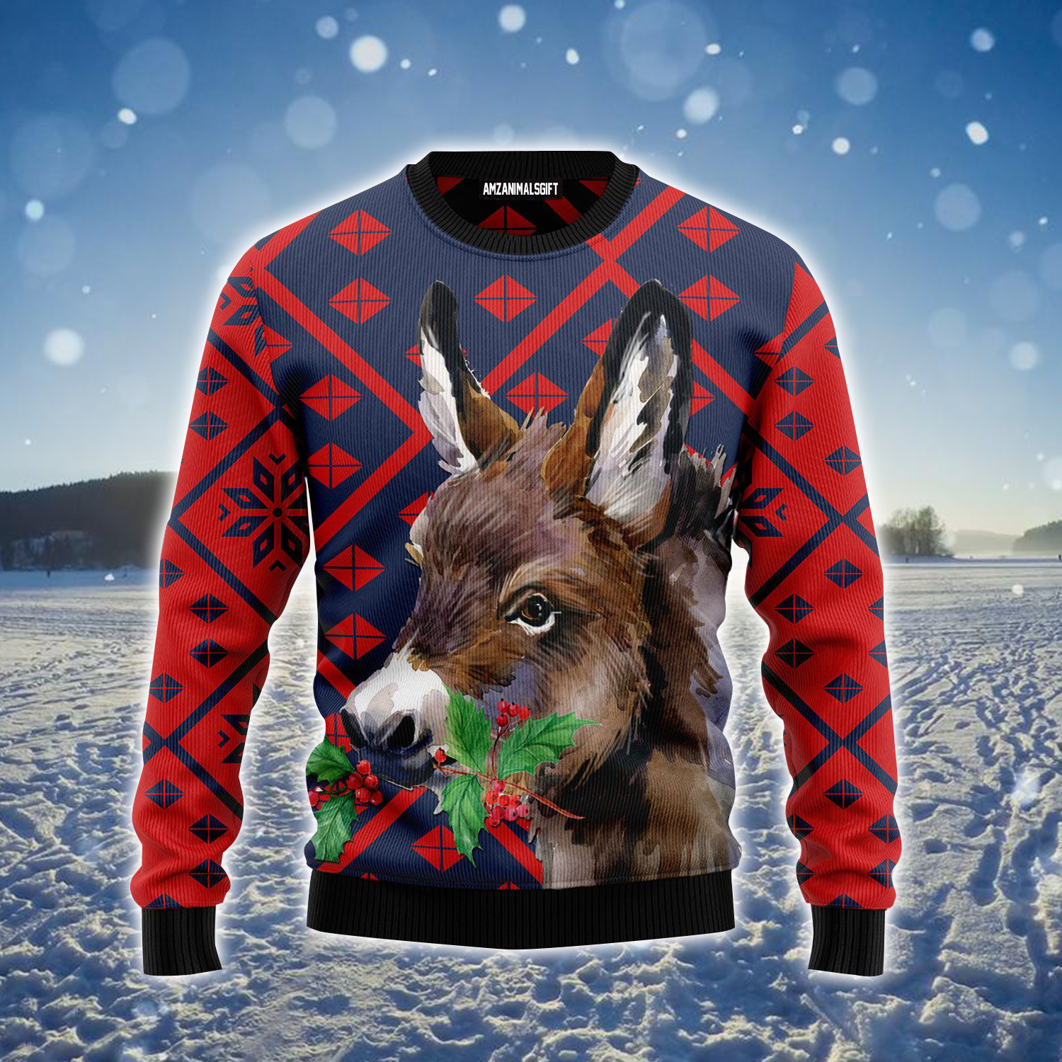Donkey Ugly Sweater, Cute Donkey & Red Pattern Ugly Sweater For Men & Women, Perfect Gift For Donkey Lover, Friends, Family