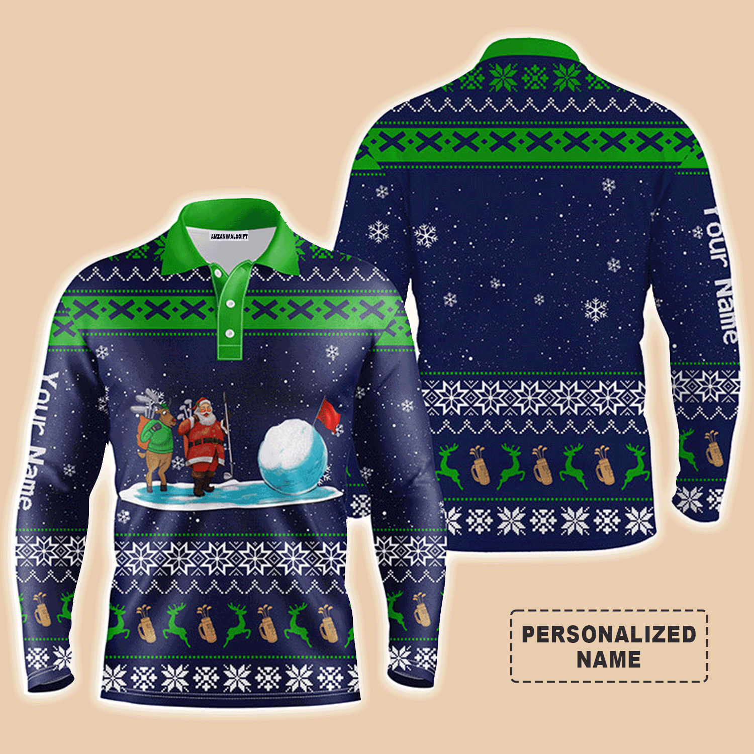 Custom Golf Long Sleeve Men Polo Shirt - Funny Ugly Christmas Pattern Custom Name Apparel - Personalized Gift For Men, Golf Lover