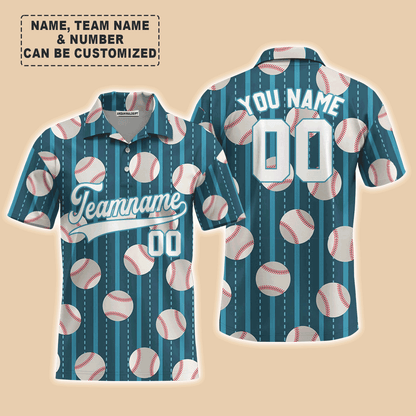 Customized Baseball Men Polo Shirt, Teal Baseball Striped Pattern Custom Polo Shirt - Perfect Polo Shirt For Men, Baseball Lovers