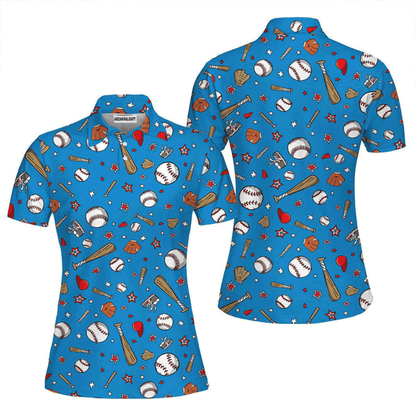 Baseball Women Polo Shirt, Blue Baseball Sports Pattern Polo Shirt For Women, Perfect Polo Shirt For Baseball Lovers