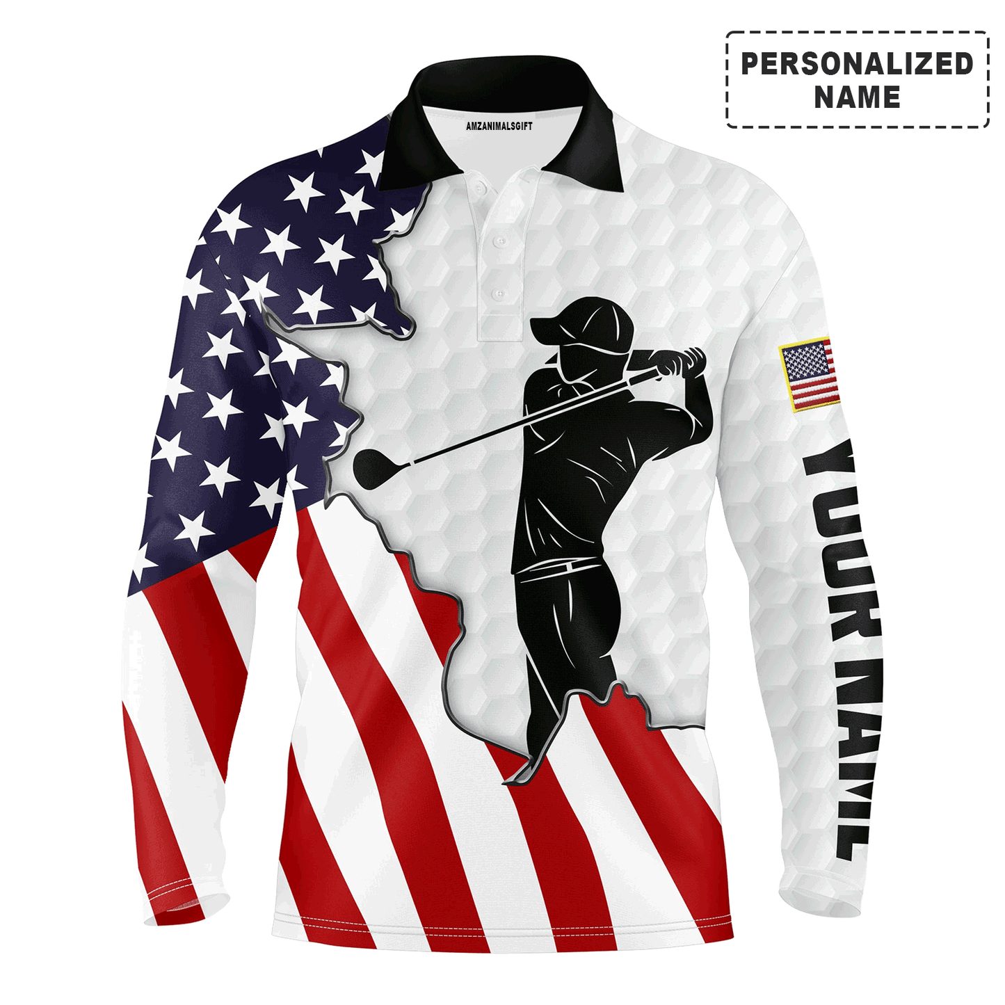 Custom Golf Long Sleeve Men Polo Shirt, American Flag 4th of July Custom Name Golf Men Polo Shirt, Best Gift For Men, Golf Lover