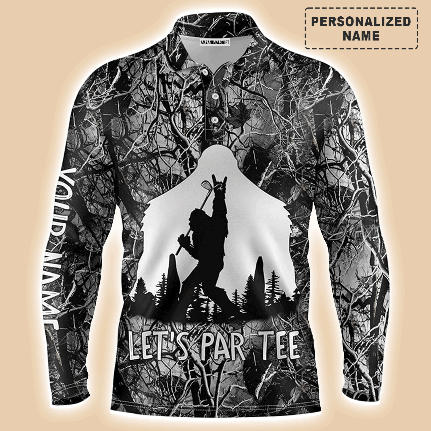 Custom Golf Long Sleeve Men Polo Shirt - Bigfoot Golf Custom Name Men Polo Shirt, Funny Bigfoot Let's Par Tee Polo Shirt For Men, Golf Lover