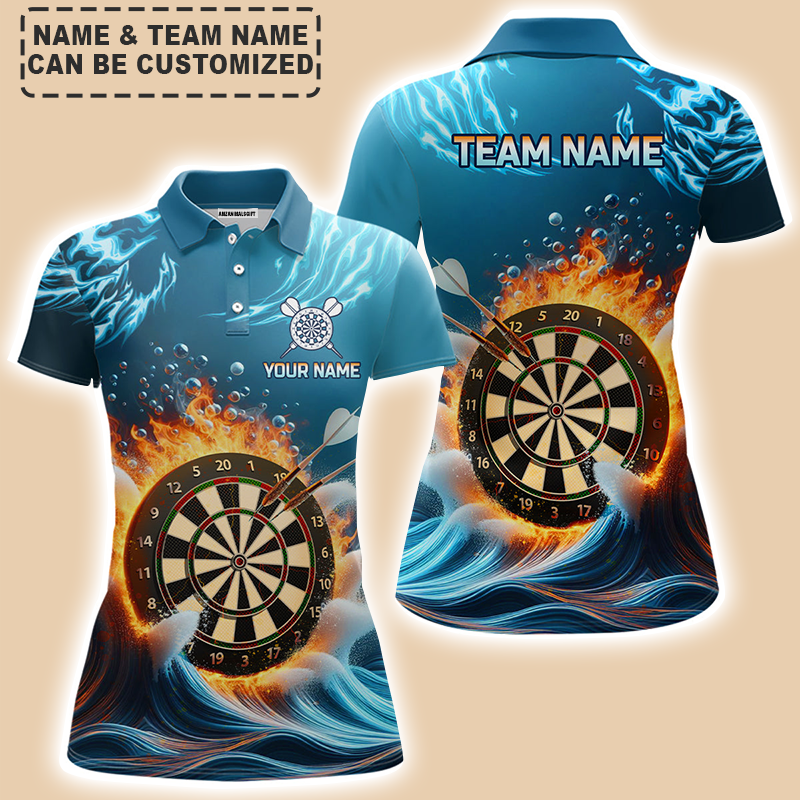 Personalized Darts Women Polo Shirt - Custom Name & Team Name Fire And Water Blue Darts Polo Shirt For Women, Darts Team, Darts Lover