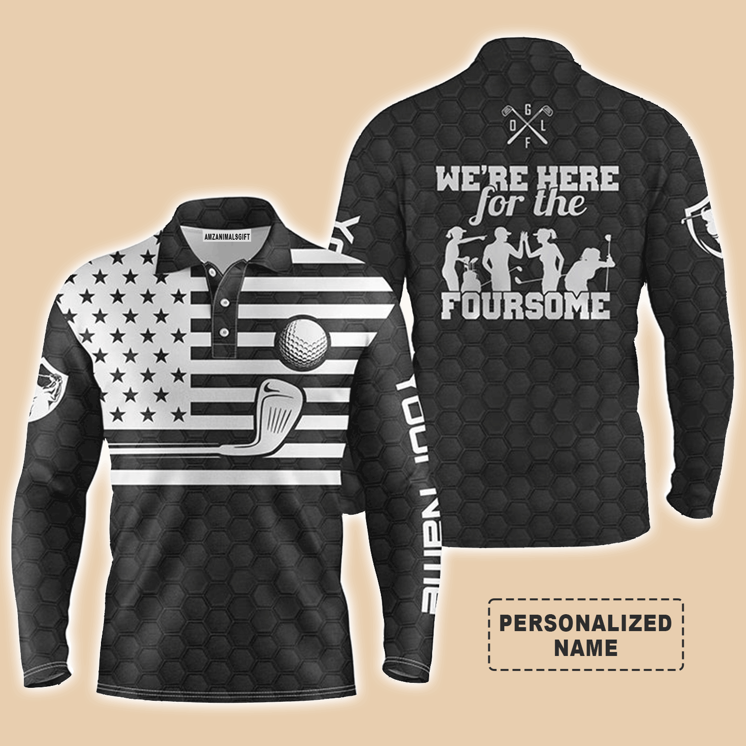 Custom Golf Long Sleeve Men Polo Shirt, Custom Name American Flag Black White Apparel Men Golf Polo Shirt, Personalized Gift For Golf Lover, Patriotic