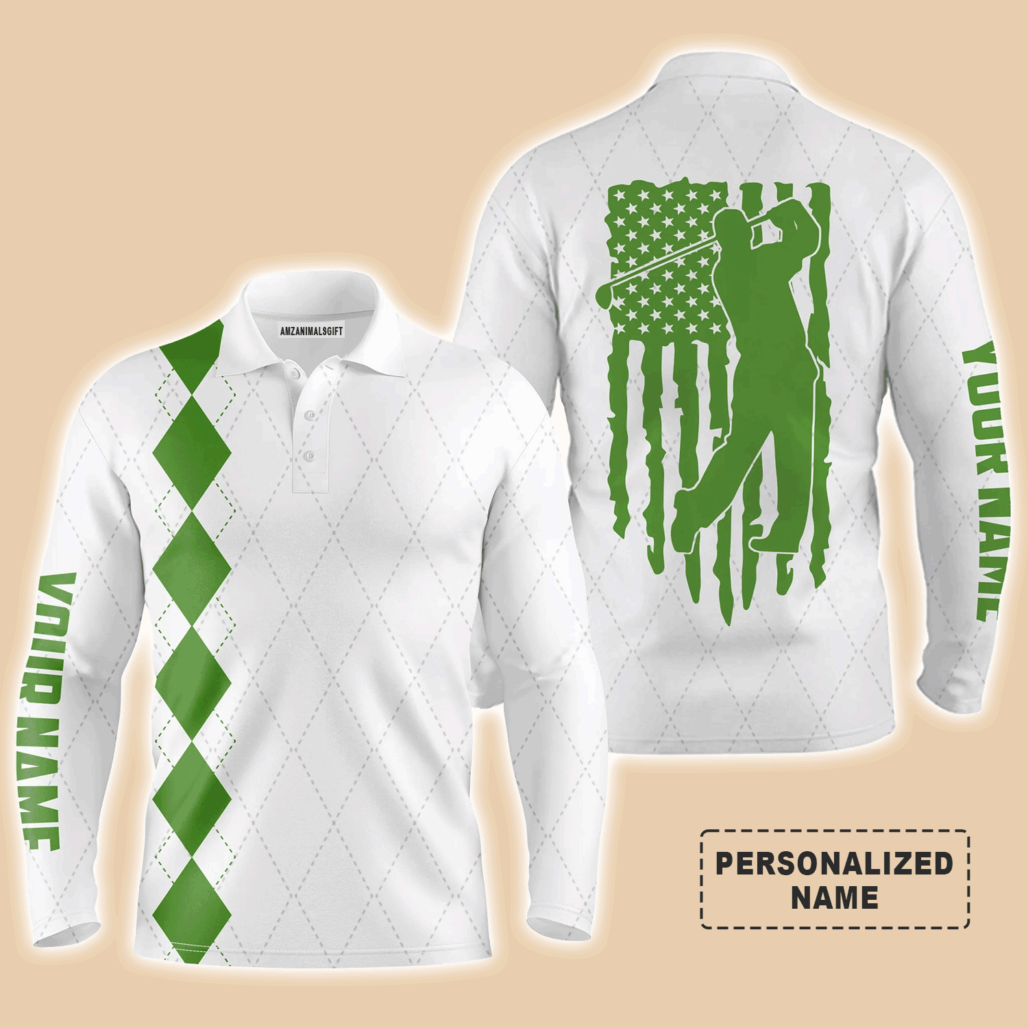 Custom Golf Long Sleeve Men Polo Shirt - Custom Name Green American Flag Apparel- Personalized Gift For Golf Lover, Team, Husband, Boyfriend, 4th July