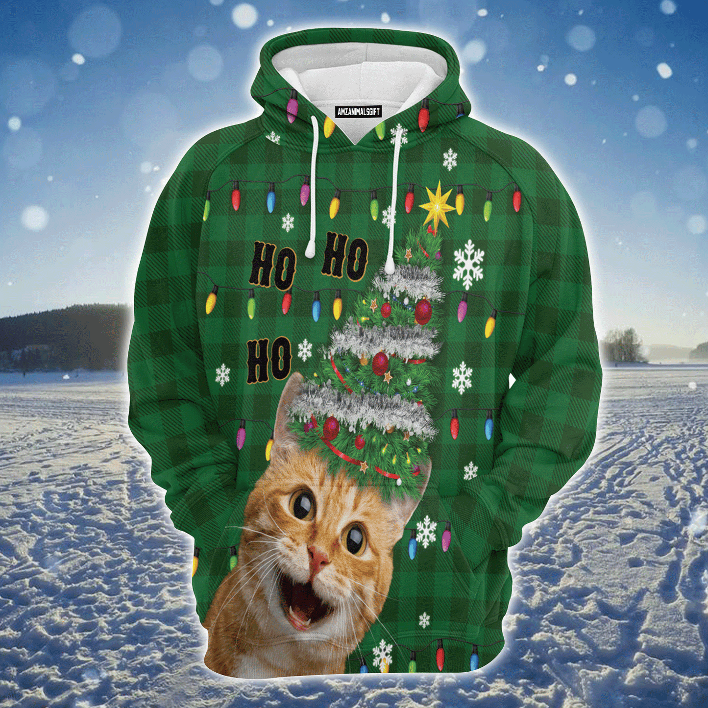Cute Cat Premium Christmas Hoodie, Funny Cat hohoho Christmas Tree Unisex Hoodie For Men & Women - Perfect Gift For Christmas, Cat Lover