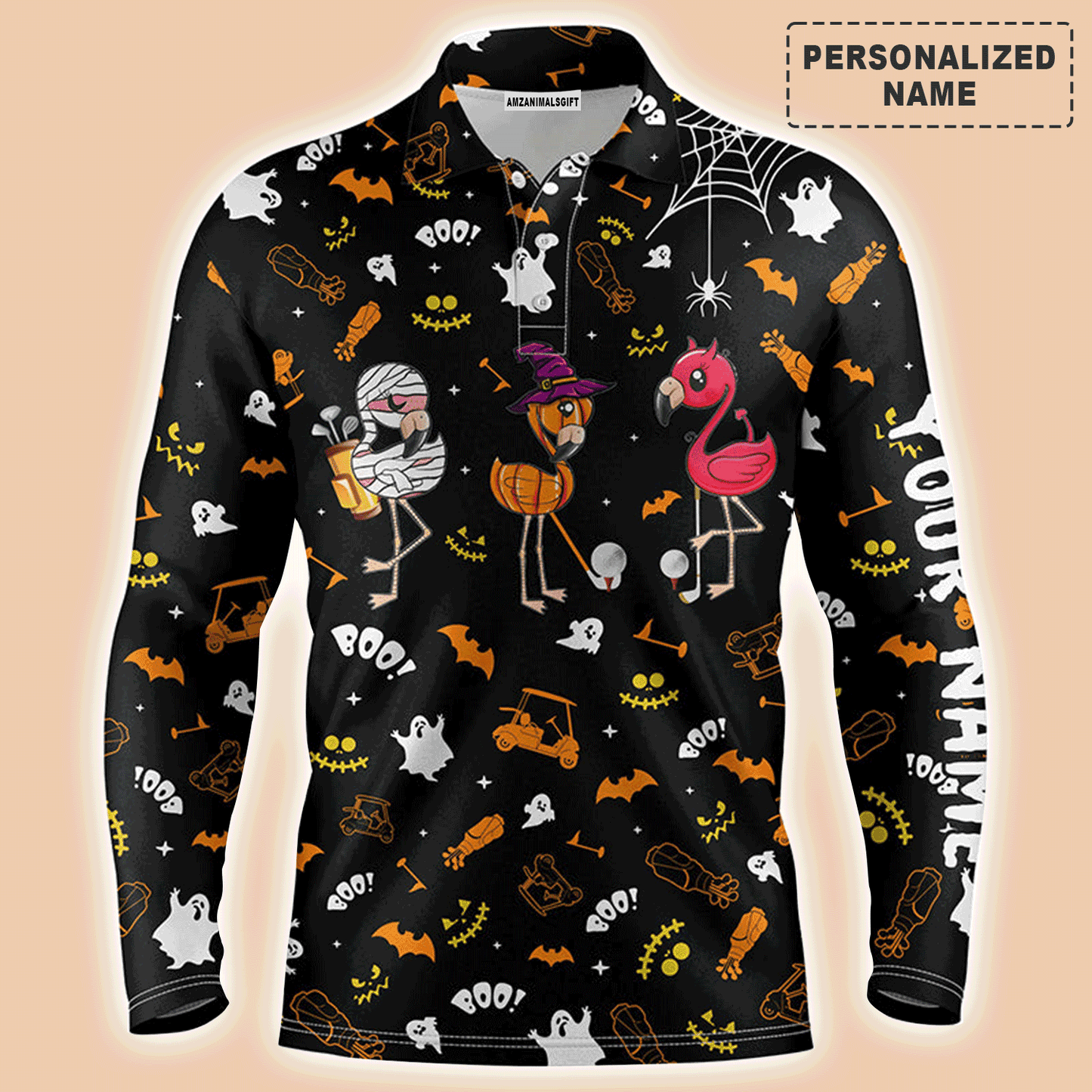 Custom Golf Long Sleeve Men Polo Shirt, Custom Name Orange Black Halloween Background Flamingo Apparel - Perfect Gift For Men, Golf Lovers