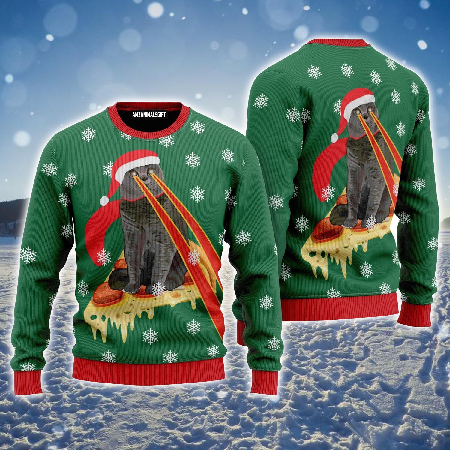 Pizza Cat With Laser Eyes Ugly Christmas Sweater, Funny Cat Lovers Xmas Ugly Sweater For Men & Women - Perfect Gift For Christmas, Cat Lovers
