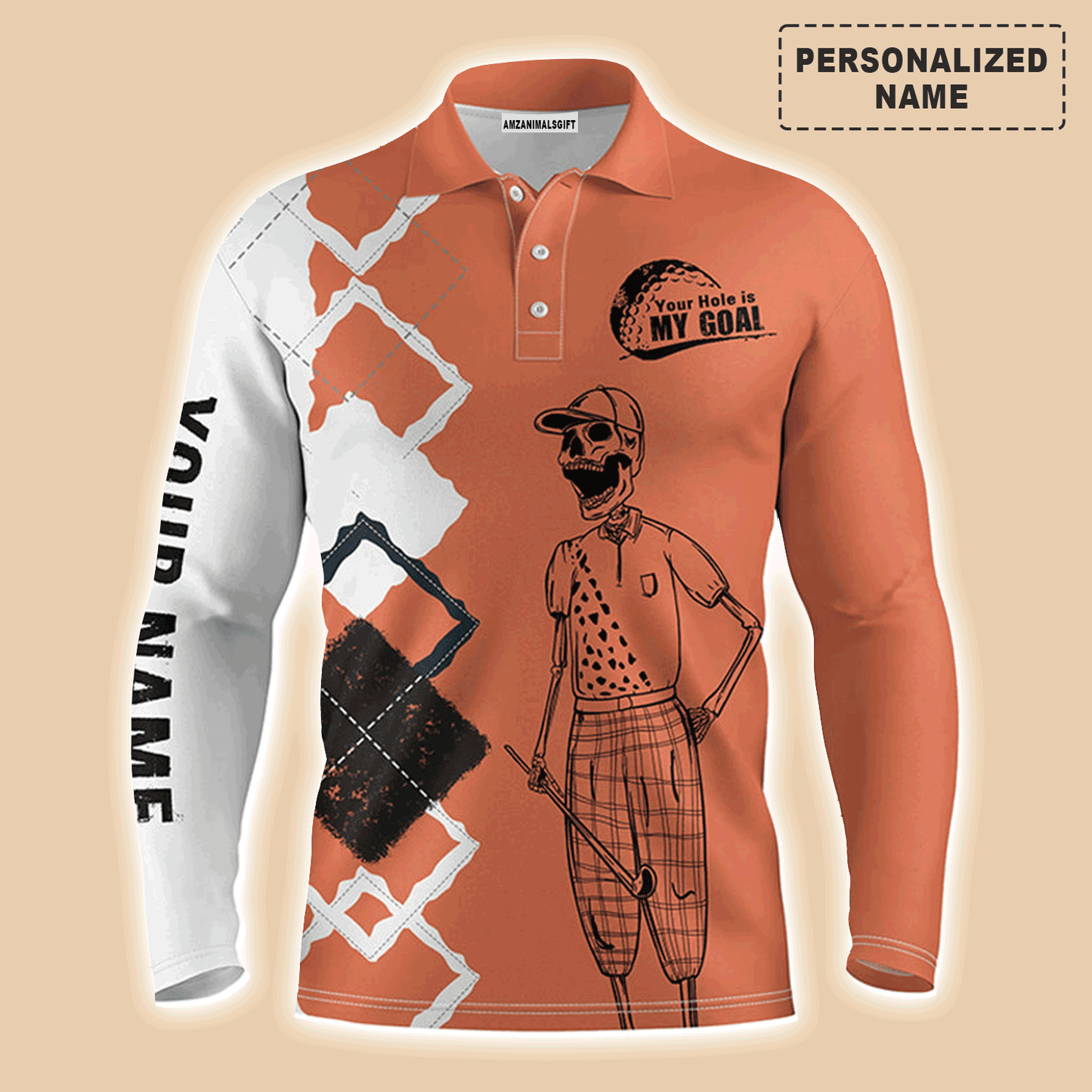 Custom Golf Long Sleeve Men Polo Shirt - Custom Name Skull Apparel - Your Hole Is My Goal Men Polo Shirt - Perfect Polo Shirt For Men, Golfers