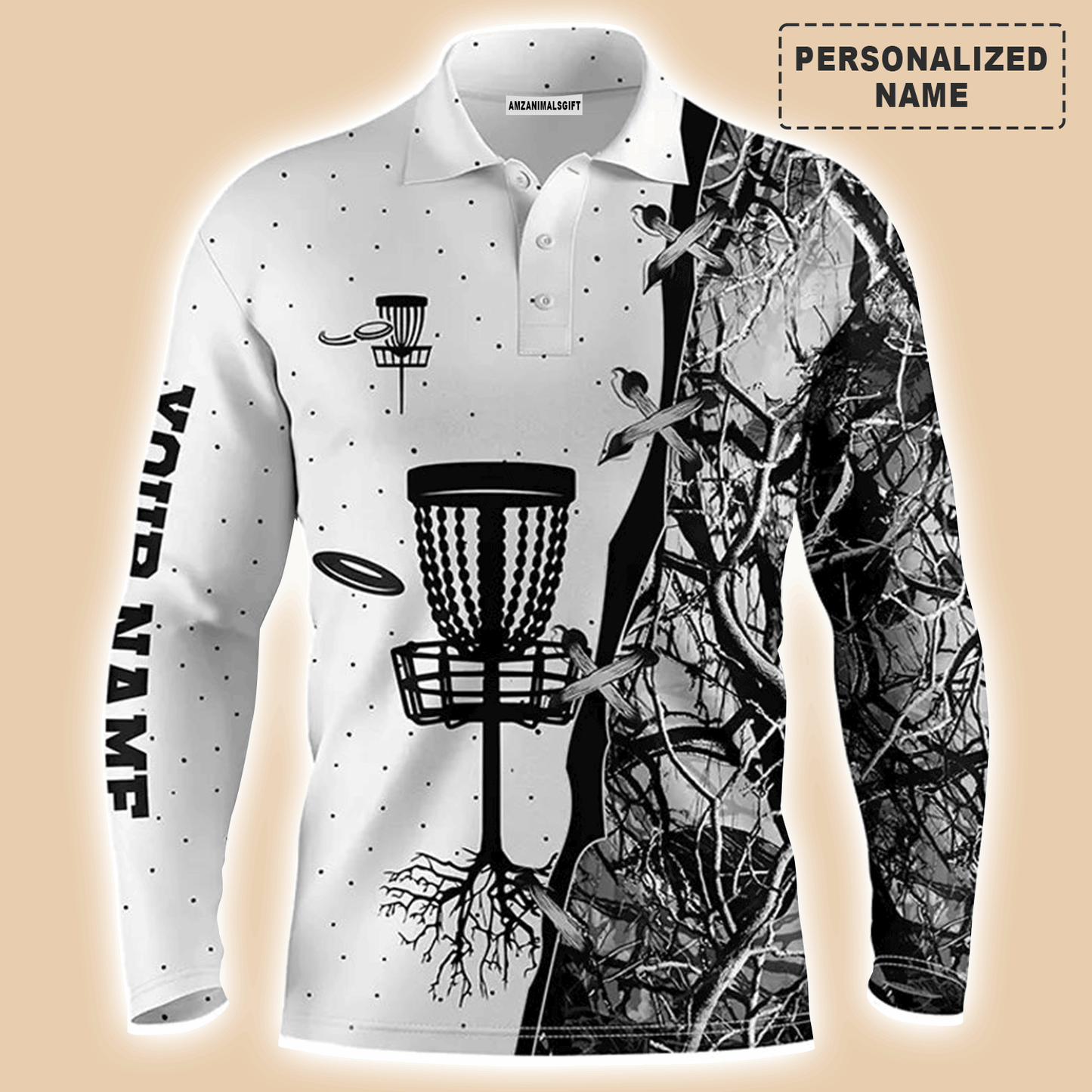 Custom Disc Golf Long Sleeve Men Polo Shirt -  Custom Name Blue Black Camo Disc Golf Basket Apparel Men Polo Shirt For Men, Disc Golf Lover