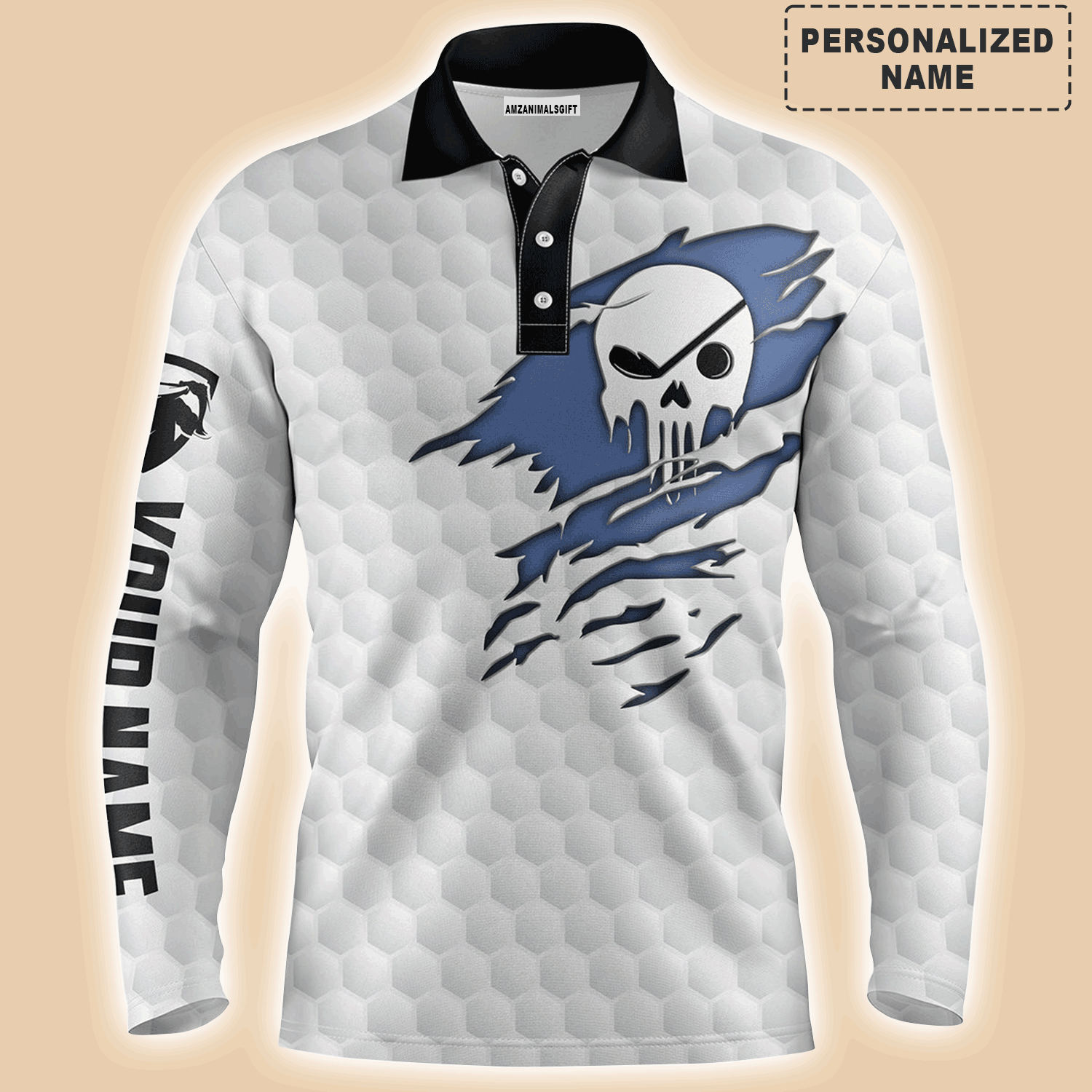 Custom Golf Long Sleeve Men Polo Shirt- Golf Club Skull Custom Name White Apparel - Perfect Gift For Men ,Golf Lover