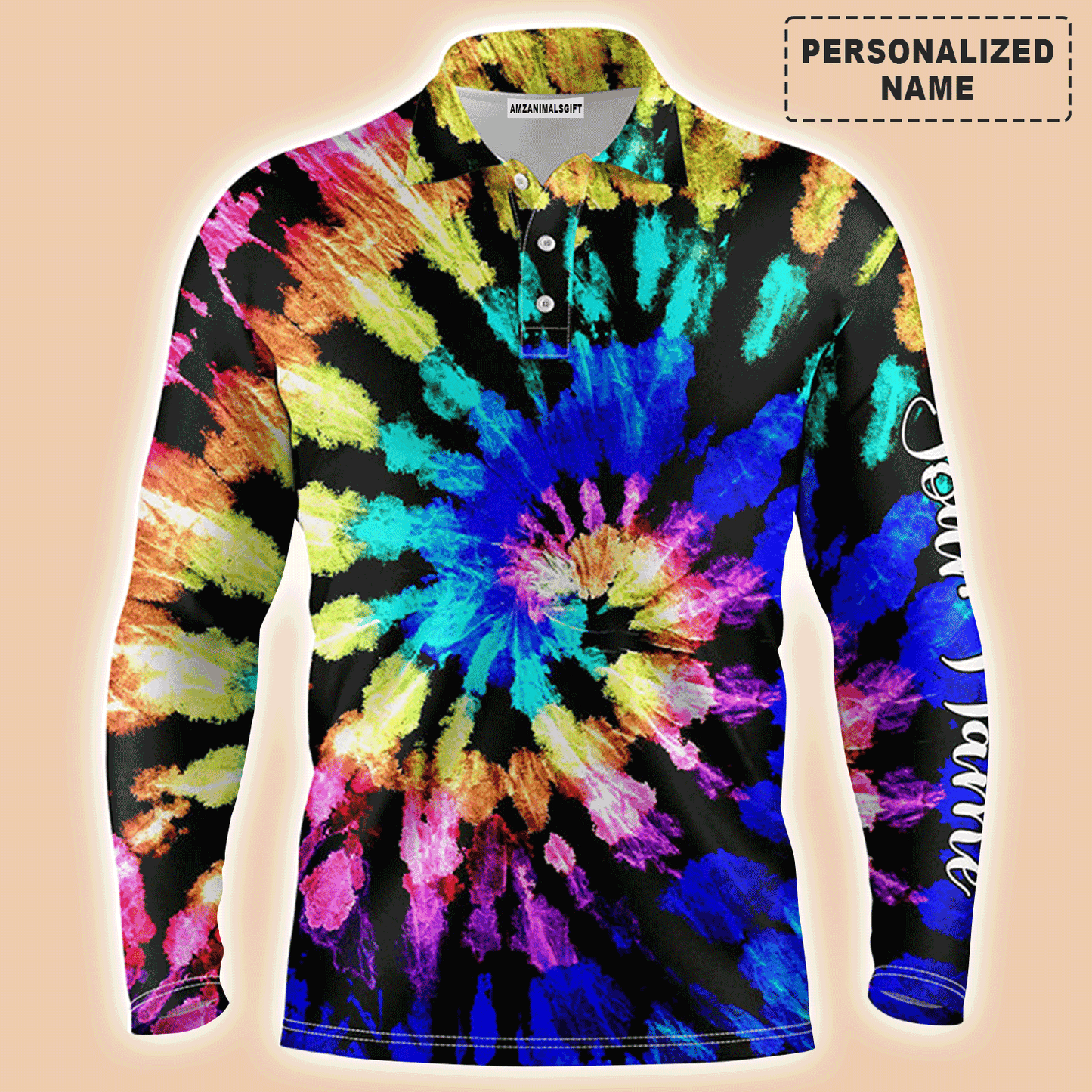 Custom Golf Long Sleeve Men Polo Shirt - Custom Name Tie Dye Pattern Apparel - Personalized Gift For Golf Lover, Men