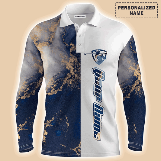 Custom Golf Long Sleeve Men Polo Shirt - Custom Name Blue White Pattern Apparel Men Polo Shirt - Personalized Gift For Men, Golf Lover