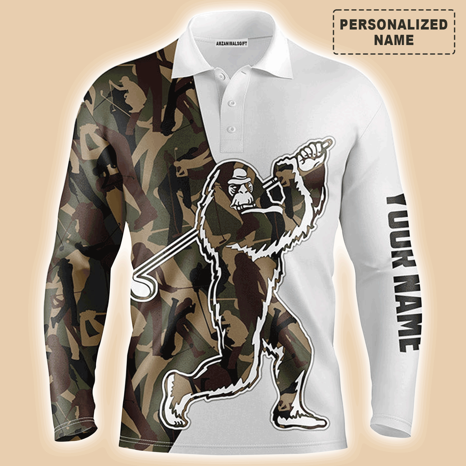 Custom Golf Long Sleeve Men Polo Shirt- Funny Bigfoot Golf Polo Shirts, Camo Pattern Sasquatch Playing Golf Men Polo Shirt For Golf Lover