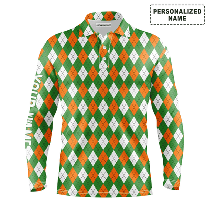 Custom Golf Long Sleeve Men Polo Shirt- St Patrick's Day White Green Orange Argyle Plaid Pattern Custom Name Apparel- Personalized Gift For Golf Lover