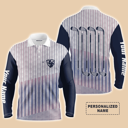 Custom Golf Long Sleeve Men Polo Shirt- Custom Name Stripe Pattern Apparel  Men Polo SHirt - Personalized Gift For Men, Golf Lover