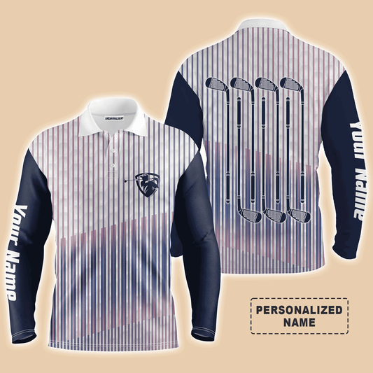 Custom Golf Long Sleeve Men Polo Shirt- Custom Name Stripe Pattern Apparel  Men Polo SHirt - Personalized Gift For Men, Golf Lover