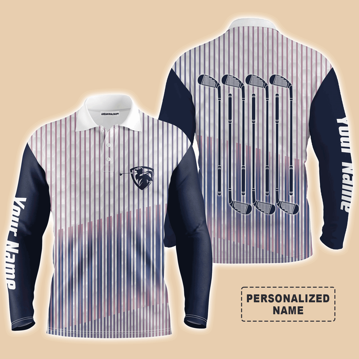 Custom Golf Long Sleeve Men Polo Shirt- Custom Name Stripe Pattern Apparel  Men Polo SHirt - Personalized Gift For Men, Golf Lover