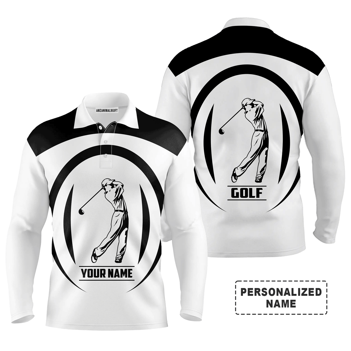 Custom Golf Long Sleeve Men Polo Shirt - Black And White Golfer Custom Name Apparel - Personalized Gift For Golf Lover, Team