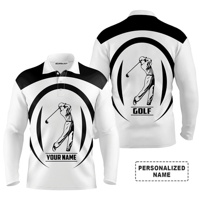 Custom Golf Long Sleeve Men Polo Shirt - Black And White Golfer Custom Name Apparel - Personalized Gift For Golf Lover, Team