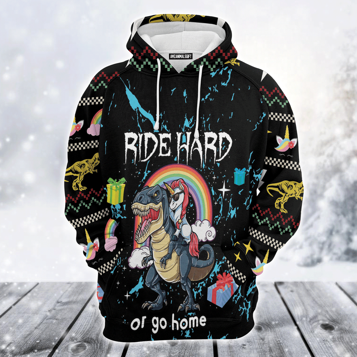 Dinosaur Unicorn Premium Christmas Hoodie, Dinosaur Unicorn Ride Hard Or Go Home Unisex Hoodie For Men & Women - Perfect Gift For Christmas, Dinosaur Unicorn Lover