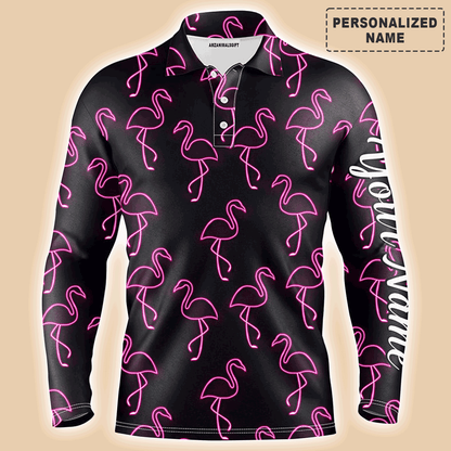 Custom Golf Long Sleeve Men Polo Shirt - Custom Name Neon Pink Flamingos Pattern Apparel Polo Shirt - Personalized Gift For Golf Lover, Team, Husband