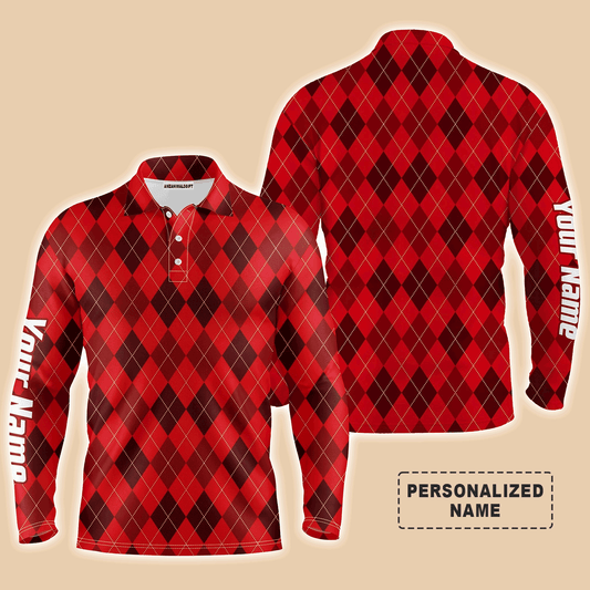 Custom Long Sleeve Men Polo Shirt, Personalized Christmas Plaid Argyle Pattern Polo Shirts - Perfect Gift For Men, Golf Lovers