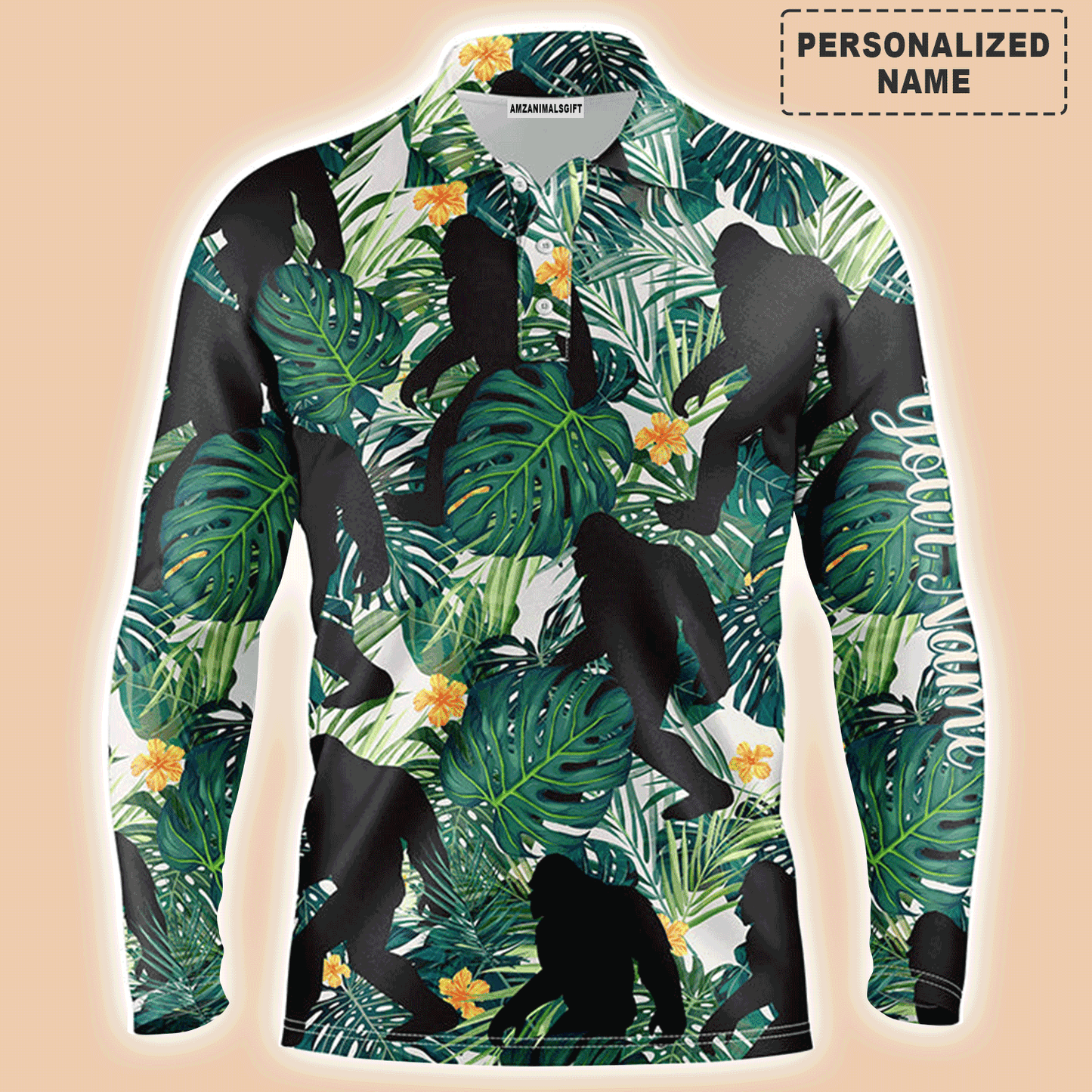 Custom Golf Long Sleeve Men Polo Shirt,Funny Bigfoot Men Polo Shirt, Custom Name Green Tropical Leaves Apparel Men Polo Shirt For Golf Lover
