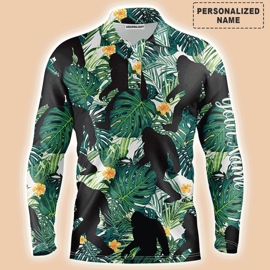 Custom Golf Long Sleeve Men Polo Shirt,Funny Bigfoot Men Polo Shirt, Custom Name Green Tropical Leaves Apparel Men Polo Shirt For Golf Lover