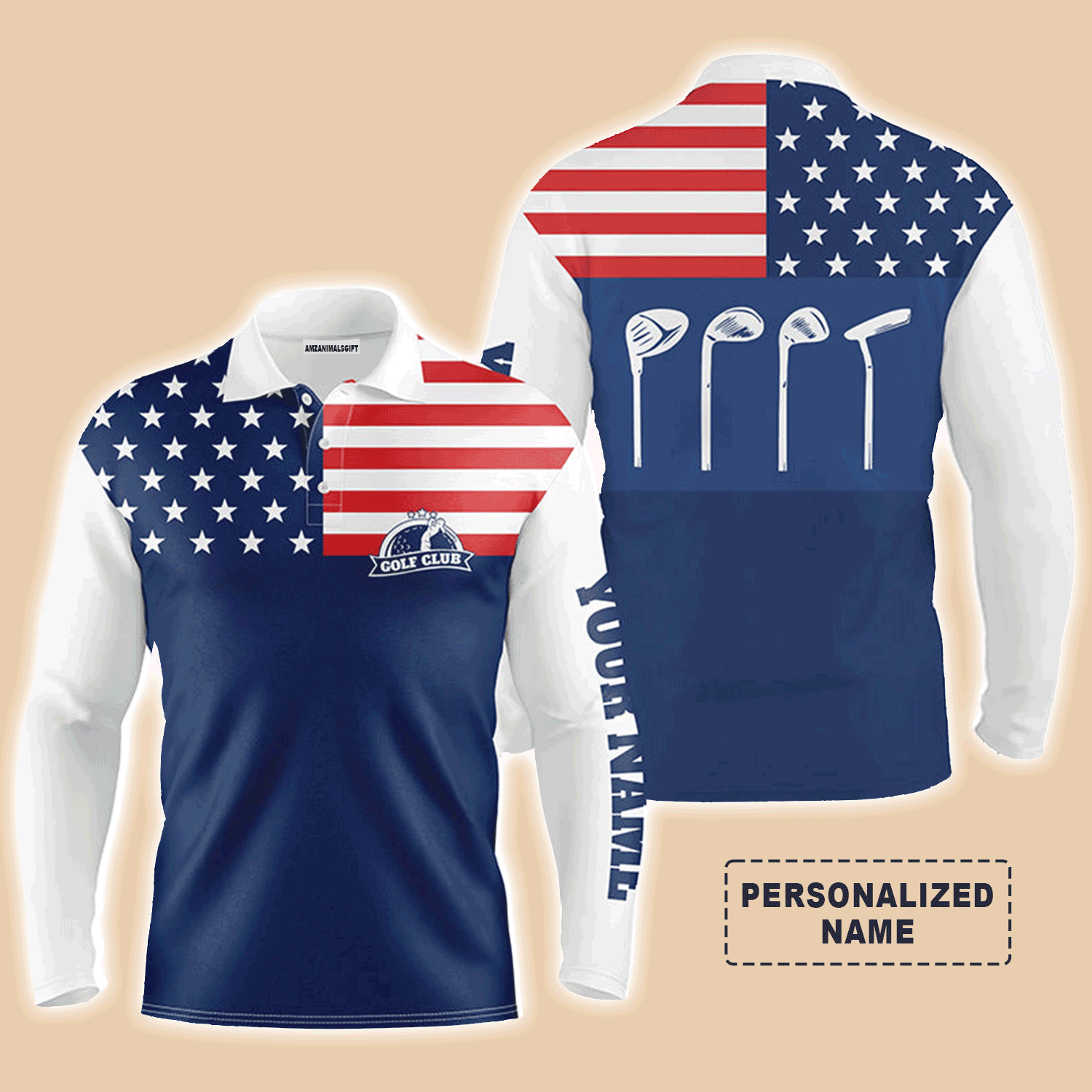 Custom Golf Long Sleeve Men Polo Shirt - Custom Name Golf Club American Flag Patriot Blue Apparel For Men, Golf Lover