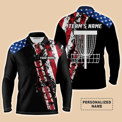 Custom Disc Golf Long Sleeve Men Polo Shirt - American Flag Disc Golf Basket Apparel - Personalized Gift For Men, Disc Golf Lover